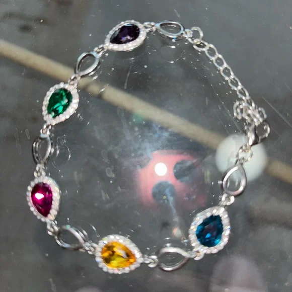 Multicolor Teardrop Crystal Bracelet - Elegant Silver Tone - Picture 1 of 7